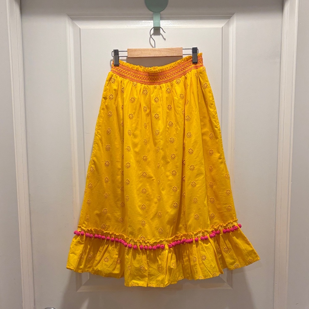 J Crew Happy Sunshine Yellow Embroidered Skirt with Pink Accents & Pockets